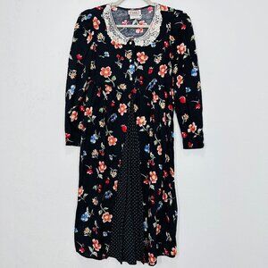 Vintage 90s Lace Collared Floral Cottagecore Mini Dress Retro‎ Feminine Belted